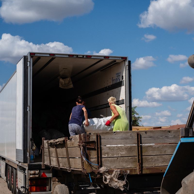 During peak times like harvest season, the farmer employs seasonal workers among local villagers. ©DRC Ukraine, Zelenyi Hai, Mykolaiv Oblast, July 2024, Svitlana Koval