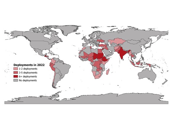 In 2022, the DRC Standby Roster supported UN operations through 208 deployments in 55 countries. Of these 208 deployments, 126 were with the Resettlement Roster, 65 with the Humanitarian Response Roster and 16 with the Registration Roster. The countries with the highest number of deployments are Ethiopia, Sudan, Jordan, and Chad. Among our Standby Roster members deployed this year, 87 are women and 99 are men.